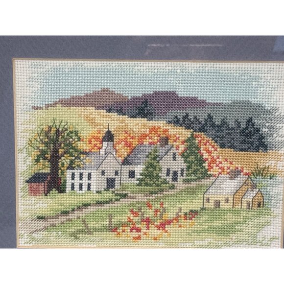 Framed Needlepoint Rural Village Scene Autumn Colors 12" x 10" - Picture 8 of 9